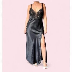 VINTAGE Victoria's Secret Gold Label Black Satin Mesh Nightgown Size L